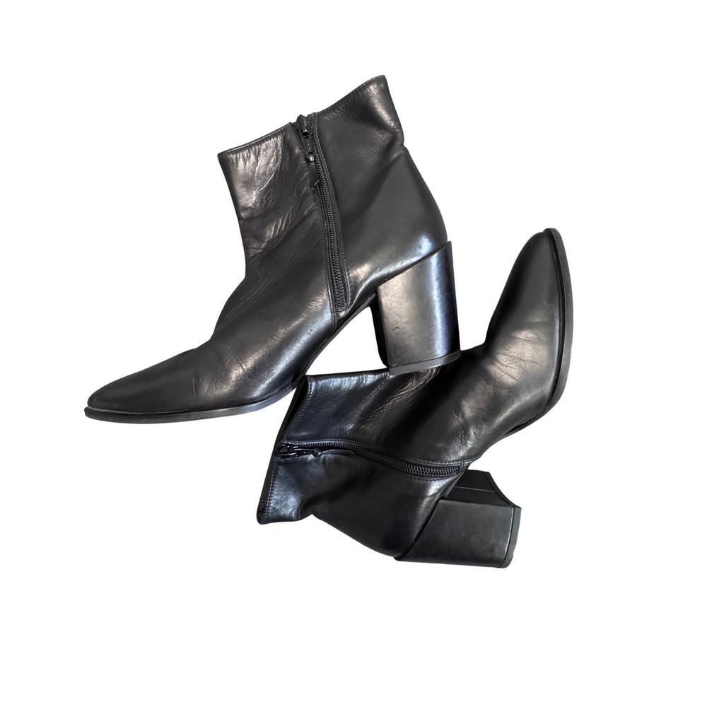 Stuart‎ Weitzman Black Leather Pointed Toe Block Heel Ankle Boots Womens 6.5M